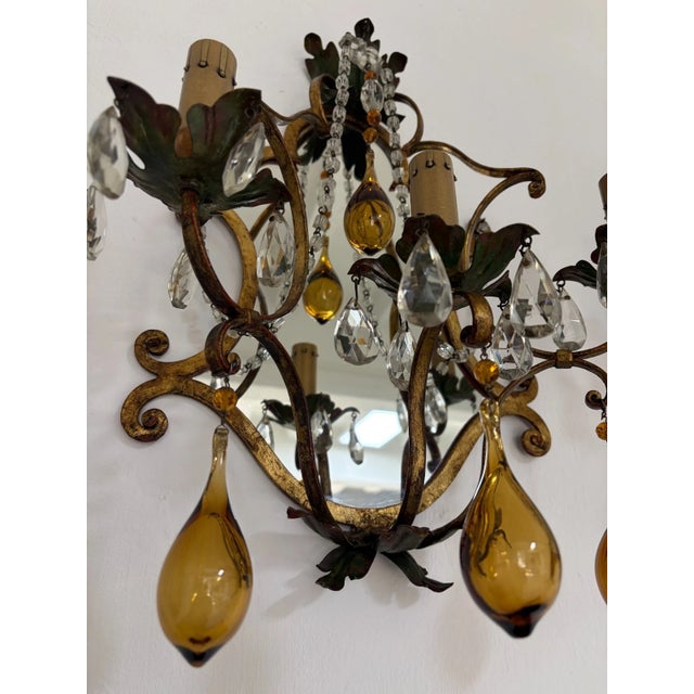 Italian Tuscan Mirror Metal Florentine Sconces C 1900 Amber Blown Murano Glass For Sale - Image 12 of 12