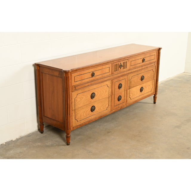 Baker Furniture Company Baker Furniture French Regency Louis XVI Carved Walnut Triple Dresser or Credenza, Circa 1960s For Sale - Image 4 of 17