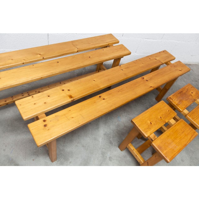 1970s Vintage Benches and Stools in Mountain Pine, 1970, Set of 4 For Sale - Image 5 of 18