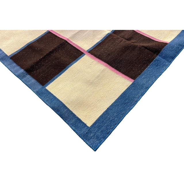 Casa Cosima Handmade Reversible Cotton Vegetable Dyed Cream, Brown and Blue Checker Board Area Rug-6'x9' For Sale - Image 4 of 12