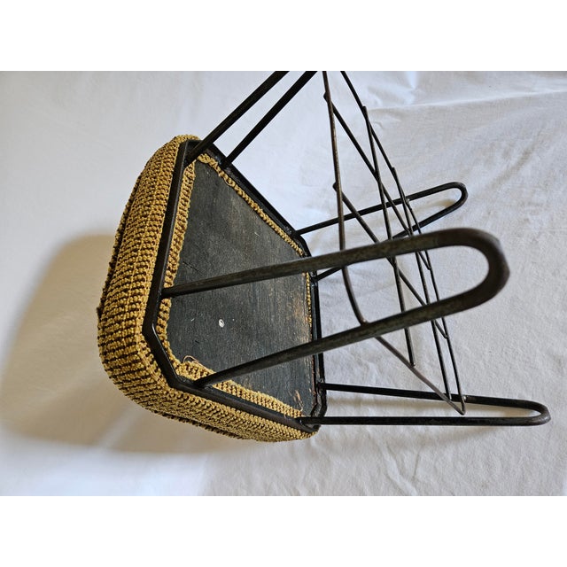 1950s MCM Hairpin Wrought Iron Upholstered Foot Stool For Sale - Image 4 of 5