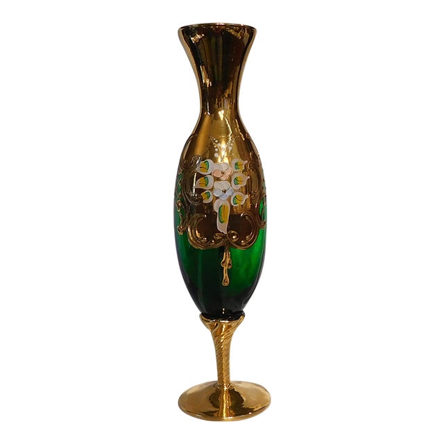 1940s Green Glass Vase With Gold and Dimensional Flowers Chairish