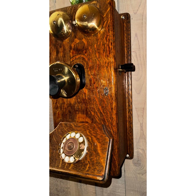 Cabin Imported Antique Argentine Oak Wall Telephone With Brass Bells & Green Glass Accent For Sale - Image 3 of 8
