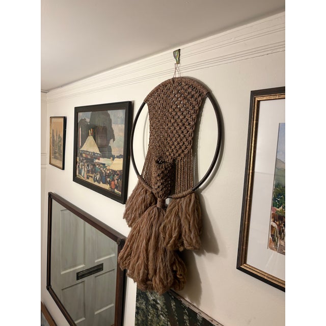 Large 1970s Bohemian Macramé Wall Hanging With Wood Hoop & Sculptural Pocket Detail For Sale In San Francisco - Image 6 of 8