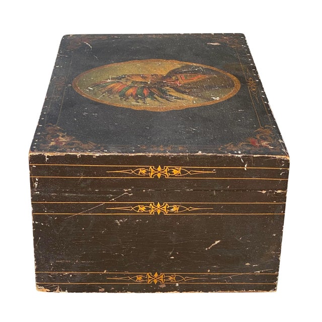 19th Century Antique Folk Art Painted Document Box Depicting Native American War Chief For Sale - Image 9 of 13