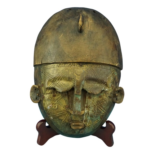African Wood and Embossed Copper Sculpture, 1800s For Sale