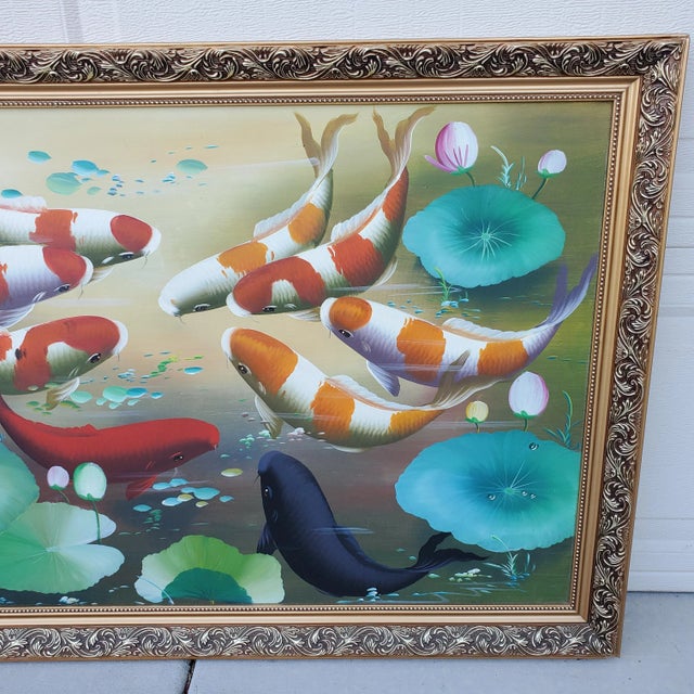 Gold Vintage Koi Fish Painting Framed Oil on Board For Sale - Image 8 of 12