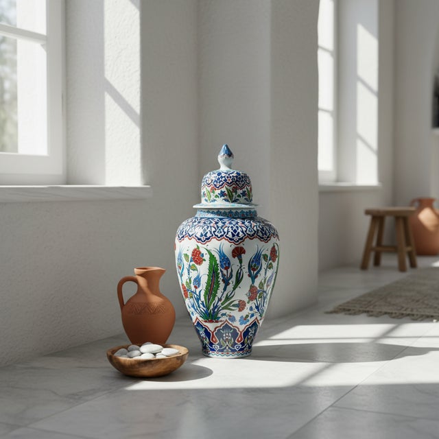 Turkish Handmade Ceramic Grand Shah Vase with Lid (60cm) Classic White Saz Leaf & Carnation For Sale - Image 3 of 10