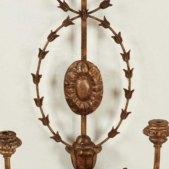 1920s Large Antique Italian Gilt Wood and Metal Neoclassical Wall Sconces - a Pair For Sale - Image 11 of 17