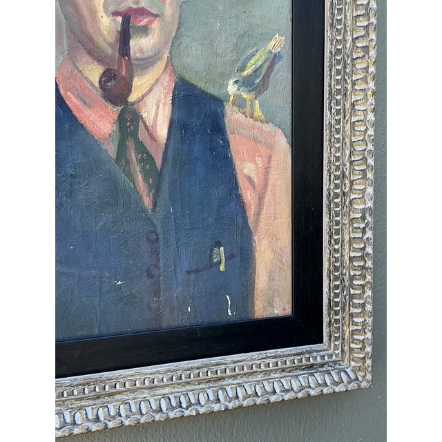 Mid 20th Century Vintage Original Oil Portrait of Man With Birds For Sale - Image 5 of 12