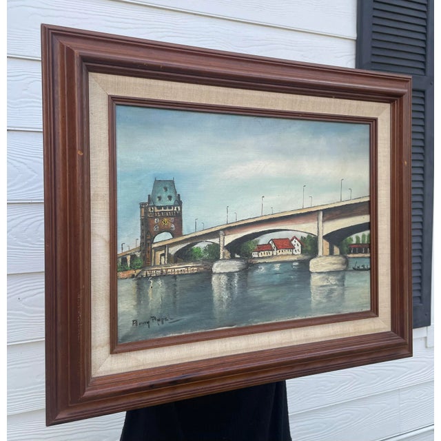 Rustic European Still Life Rhine River Bridge Framed Original Oil Painting For Sale - Image 4 of 12