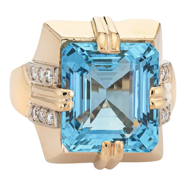 11ct Aquamarine Ring Vintage 14k Yellow Gold Square Cocktail Fine Jewelry size 7 For Sale