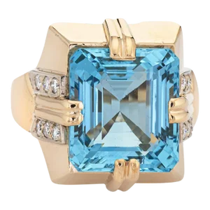 11ct Aquamarine Ring Vintage 14k Yellow Gold Square Cocktail Fine Jewelry size 7