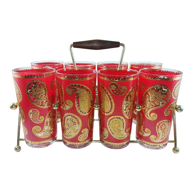 Set 8 MCM Culver 22k Gold & Red Paisley Highball Glasses Tumblers W/ Carrier For Sale