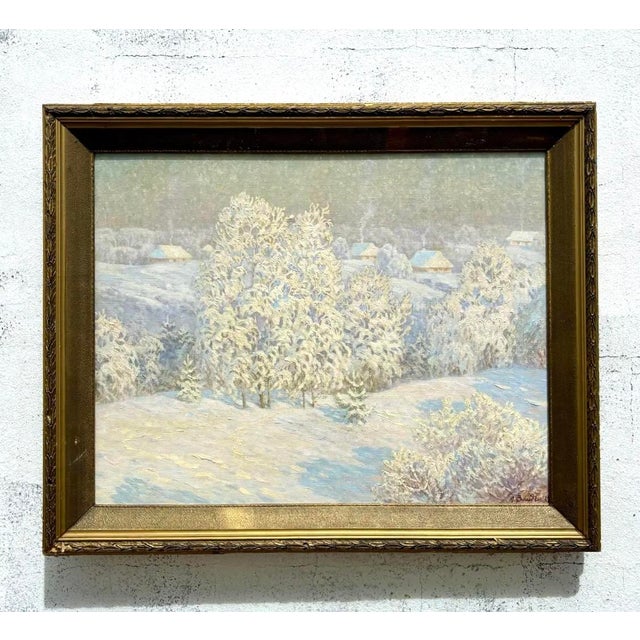 Wood Vintage Boho Original 1983 Winter Landscape Oil on Canvas For Sale - Image 7 of 7