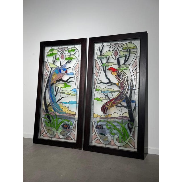 Antique Stained Glass Panels with Exotic Birds, Set of 2 For Sale - Image 3 of 5