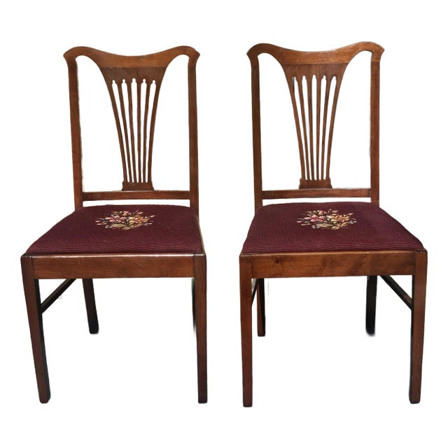 Mid 20th Century Pair American Mahogany and Needlepoint Upholstered Chairs For Sale