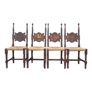 1970s High Back Dining Chairs With a Woven Rush Seat & Hand Carved Horse Motif - Set of 4 For Sale