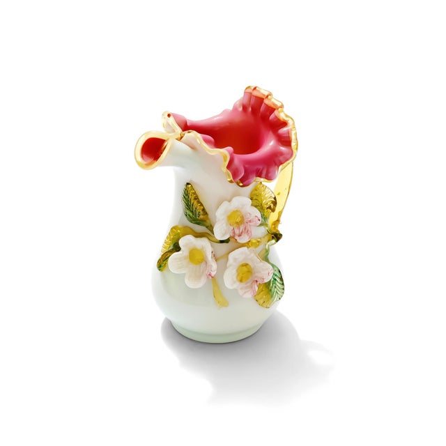 Victorian-Style Celadon Porcelain Pitcher With Applied 3d Flowers, Cranberry Ruffled Rim & Gold Handle For Sale - Image 4 of 4