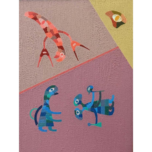 Divided by a diagonal axis, this composition features three abstracted, creature-like figures rendered in layered tones of...