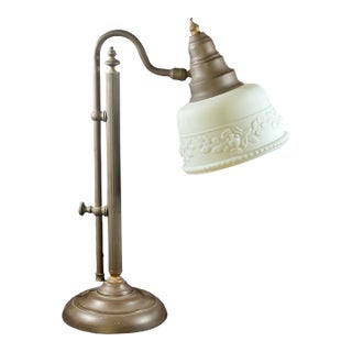 Vintage Brass Adjustable Table Lamp With Frosted White Glass Shade For Sale