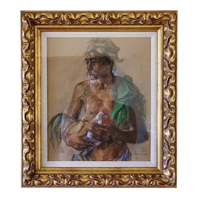 1950s Pastel Sketch of Man With Rooster by Indonesian Artist, Framed For Sale