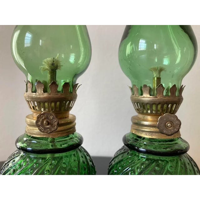 Early 20th Century Asian Green Glass Table Oil Lamps, Set of 2 For Sale - Image 5 of 12
