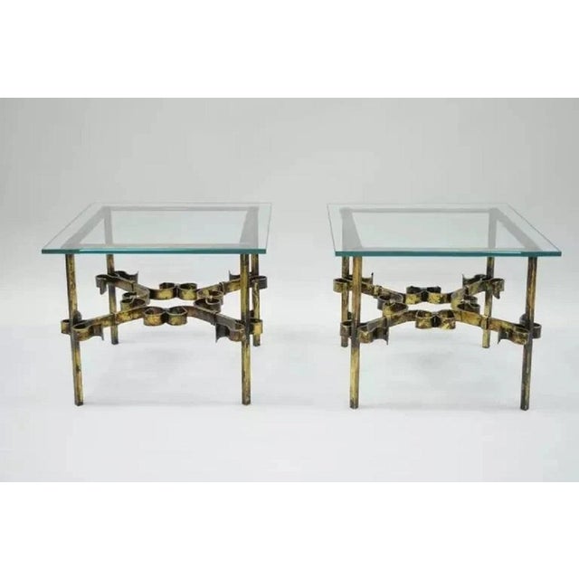 Vintage Spanish Hollywood Regency Gold Gilt Iron Square Glass End Tables - a Pair. Item features .5" thick square glass...