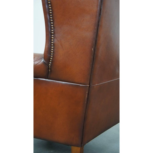 Warm Color Leather Wing Chair For Sale - Image 11 of 12