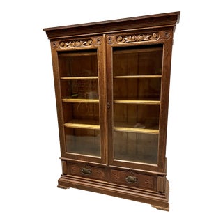 Late 1800s Antique Oak Bookcase Cabinet W/Glass Front Doors For Sale
