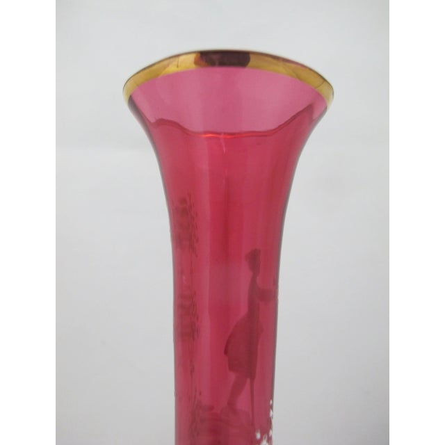 Red Mary Gregory Czech Red Glass Painted Enamel Boy With Bird Skinny Bud Vase For Sale - Image 8 of 10