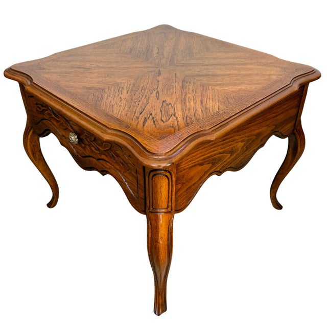1970 French Provincial Carved Oak End Tables / Low Nightstands by Drexel Heritage - A Pair For Sale In San Diego - Image 6 of 18