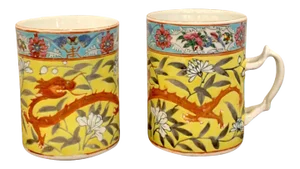 19th Century Chinese Export Famille Verte Yellow Dragon Motif Mugs - a Pair