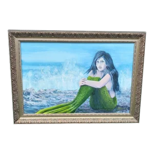 Custom Made Oil on Canvas Framed Sitting Mermaid Coastal Signed Painting