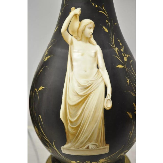 Antique French Neoclassical Black Porcelain Classical Bulbous Table Lamps - Pair For Sale In Philadelphia - Image 6 of 12