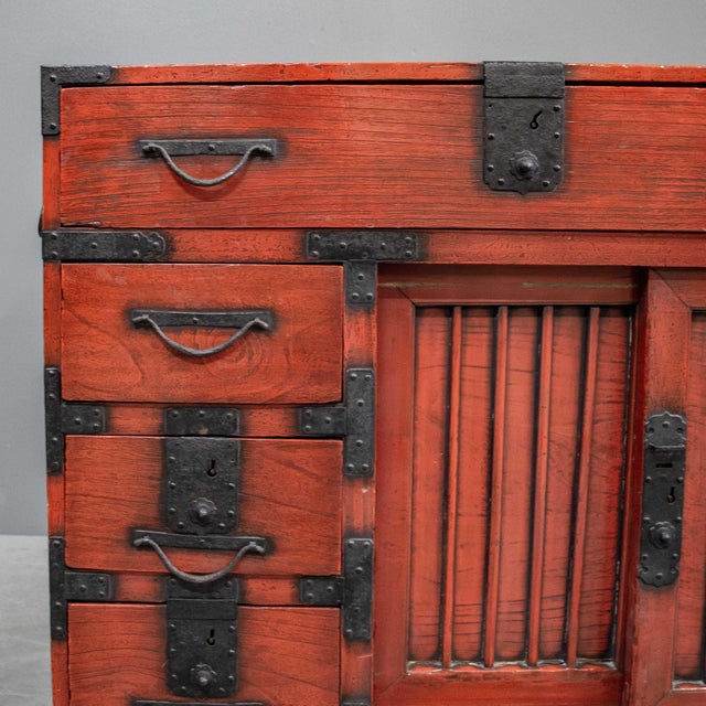 Early 20th Century Vintage Japanese Red Lacquer Merchant Chest / Choba Tansu For Sale - Image 5 of 11