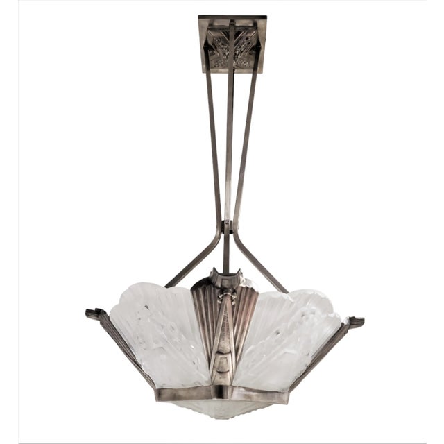 Early 20th Century French Chandelier with Frosted Art Glass Panels and Nickeled Bronze Frame J. Robert For Sale - Image 10 of 12