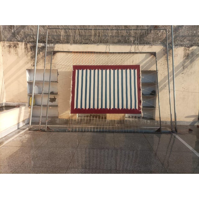 Handmade Cotton Area Rug, Blue and White Striped Scalloped Rug With Red Border - 3'x5' For Sale - Image 9 of 13