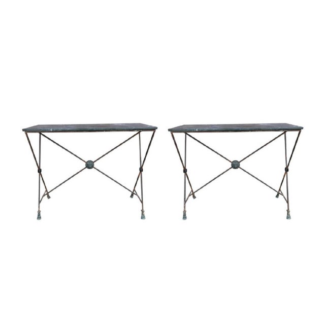 Pair of French Maison Bagues Neoclassical Style Wrought Iron Console Tables For Sale