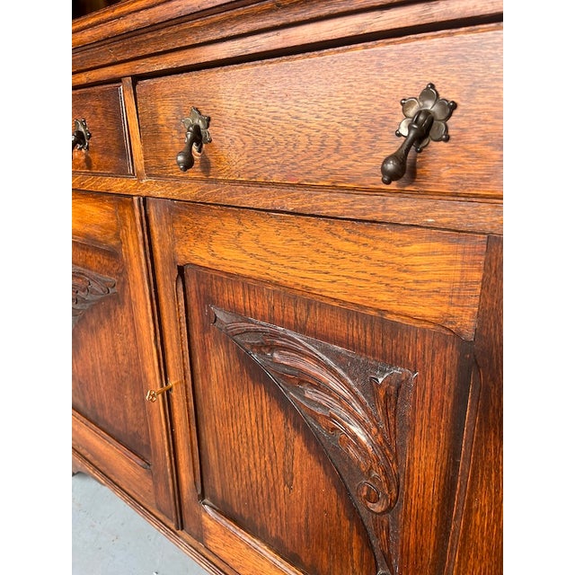 Late 19th Century 1800's Hand Carved Oak Hutch With Beveled Oval Mirror For Sale - Image 5 of 8