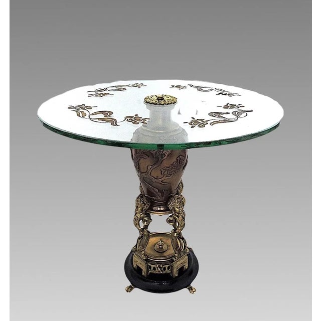 Japanese Messenger Phipson Antique Side or Occasional Table, Japanese Meiji Bronze With Cherubs (Putti), Glass & Gilt Top - England For Sale - Image 3 of 11