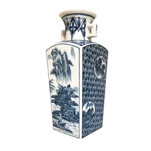 Square Chinoiserie Blue and White Porcelain Ceramic Vase or Urn With Landscape Hand Painted