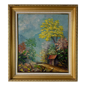 1990s Vintage Cottage Countryside Landscape Oil Painting on Canvas - Framed
