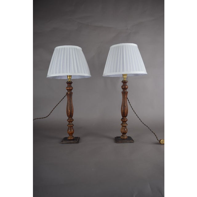 Brown Vintage Turned Wood Table Lamps with Pleated Shades, France, 1970s, Set of 2 For Sale - Image 8 of 12