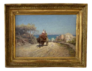 Arthur Jean Baptiste Calame, Sea View, Italy, Oil on Cardboard, 1890s, Framed