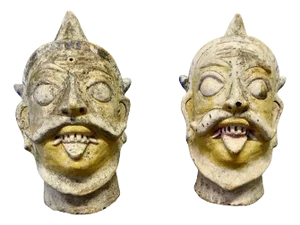 Large Indian Terracotta Tent Pole Tops, Set of 2