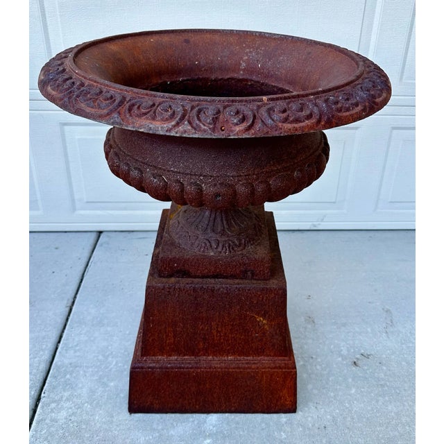 19th Century Large Cast Iron Urns With Pedestals - a Pair For Sale In San Diego - Image 6 of 12