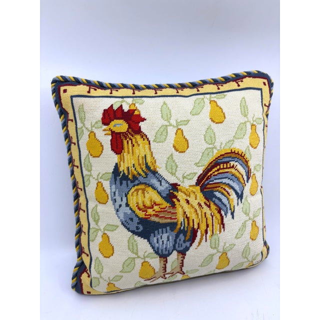 Beautiful vintage Rooster needlepoint pillow. Colorful yellow and blues. The pillow has signed stitching. Colorful welt...