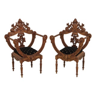 Pair Vintage Continental Figural Carved Armchairs For Sale