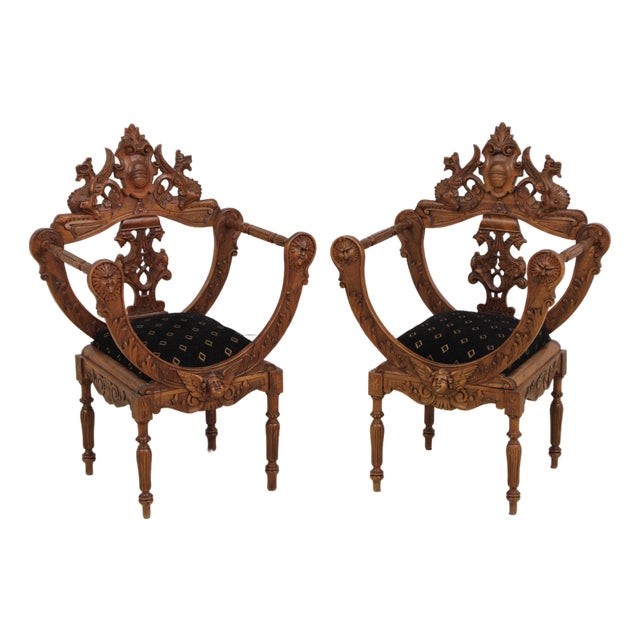 Pair Vintage Continental Figural Carved Armchairs For Sale